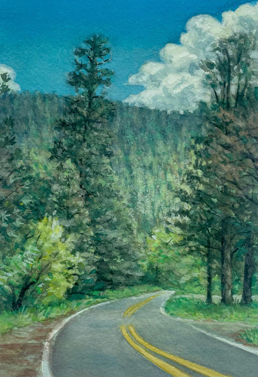 Original watercolor gouache landscape painting of scenic road through the trees and mountains