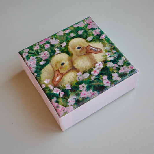 Hand-painted small oil painting animal duck artwork duckling painting ducklings original