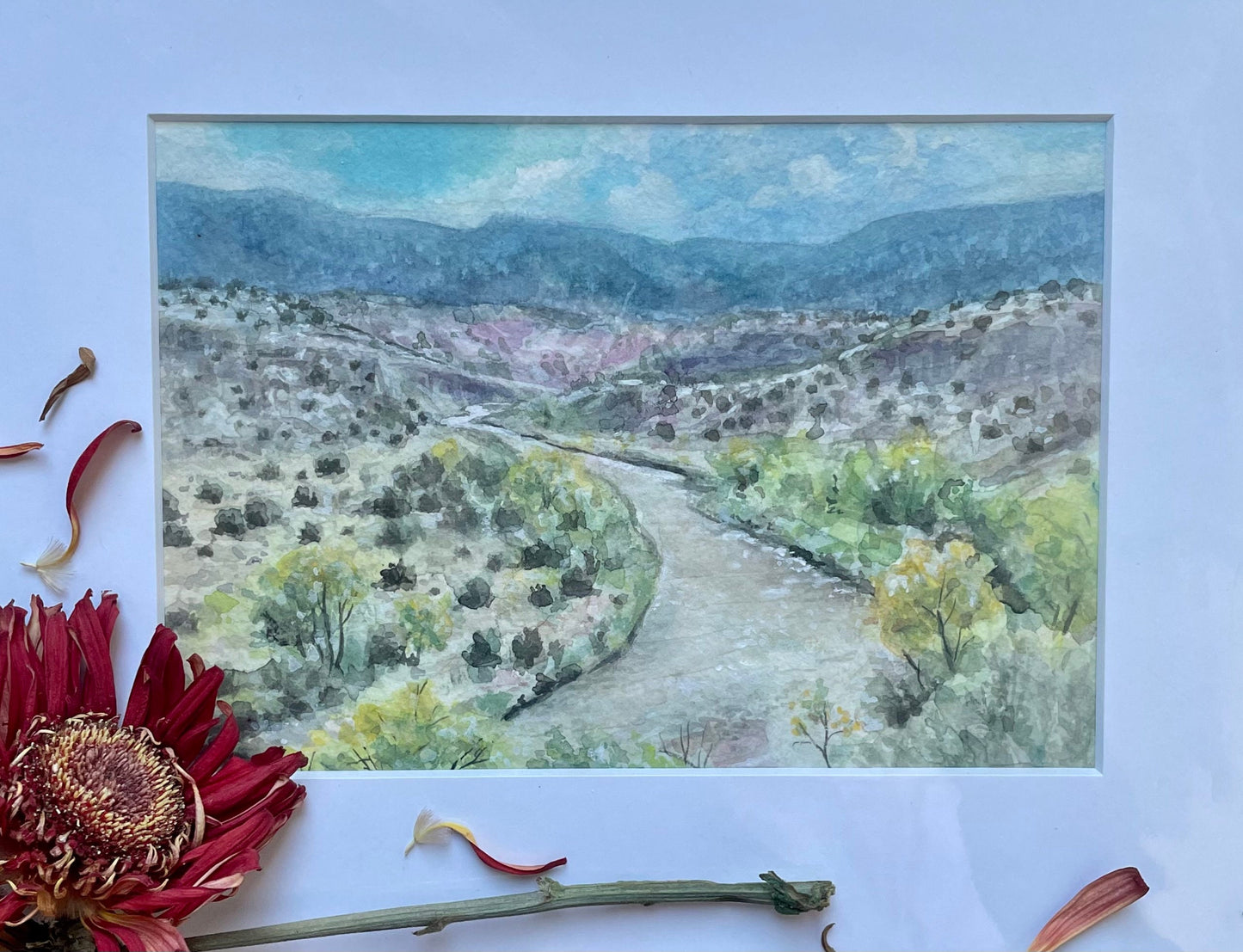 Original watercolor gouache landscape painting of scenic autumn trees and mountains