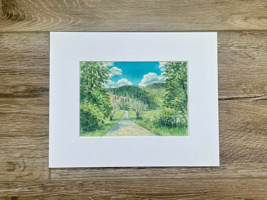 Landscape original artwork scenery of forest and mountain hill with watercolor and gouache hand painted by artist