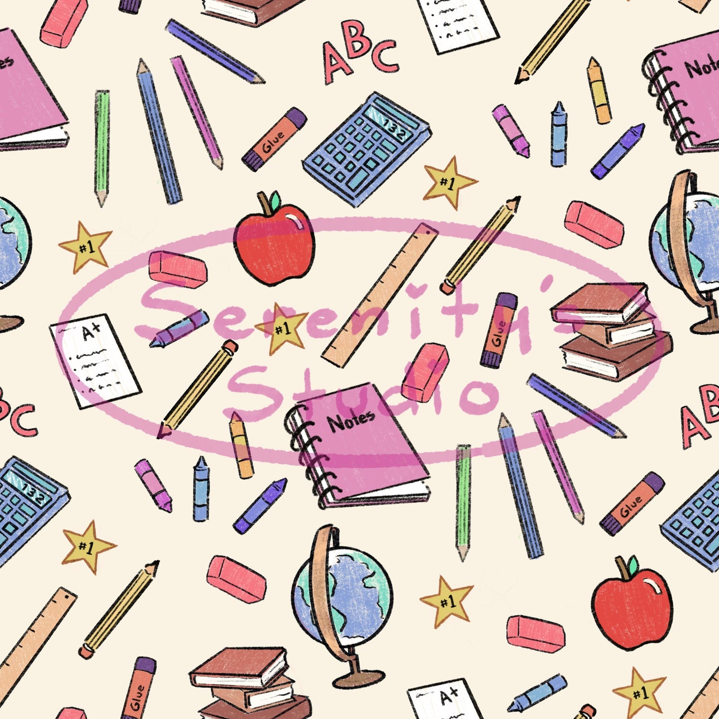 5 Original seamless patterns designs for school drawn school supplies books globe calculator art