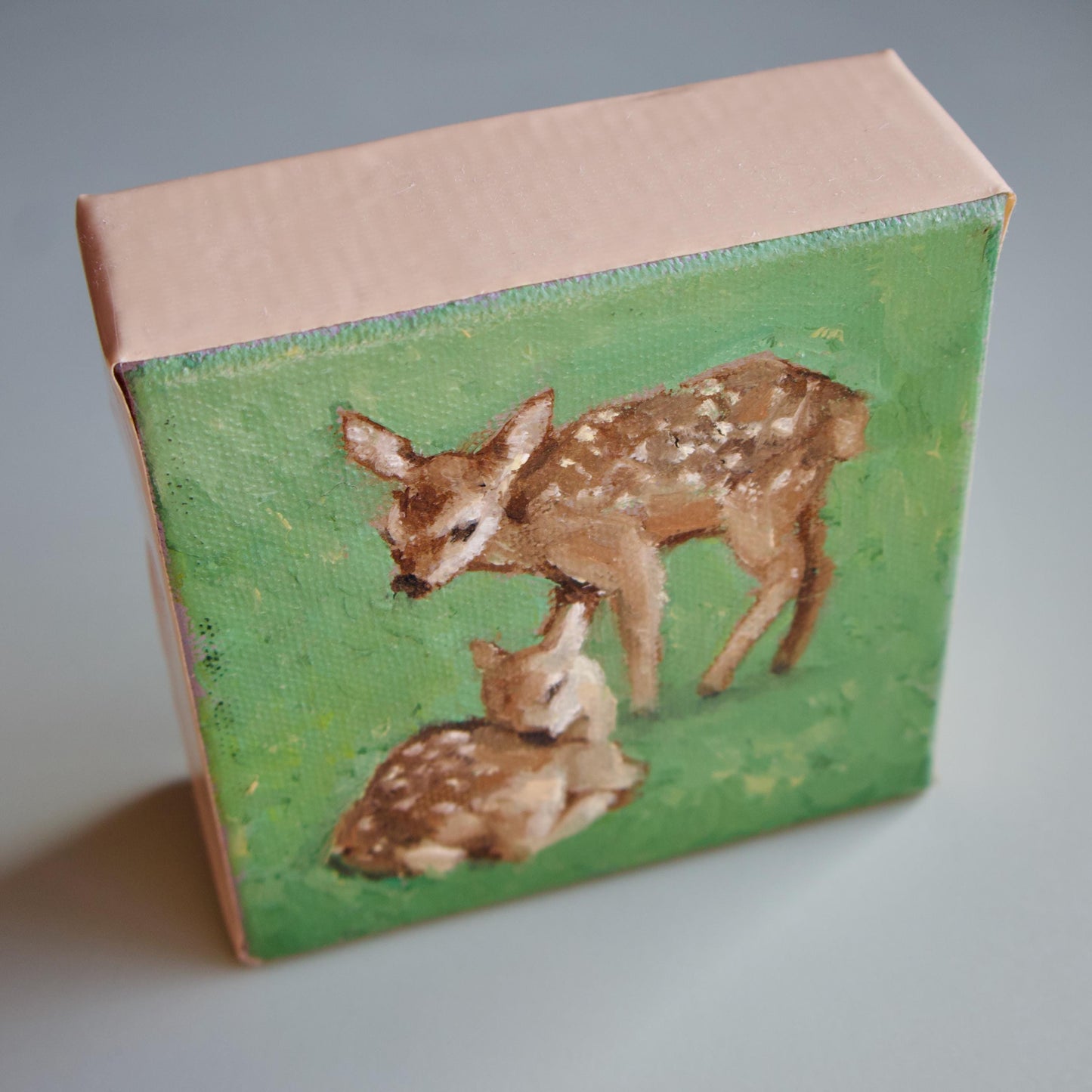 Oil painting of small fawns in grass hand painted artwork baby deer animals small painting art