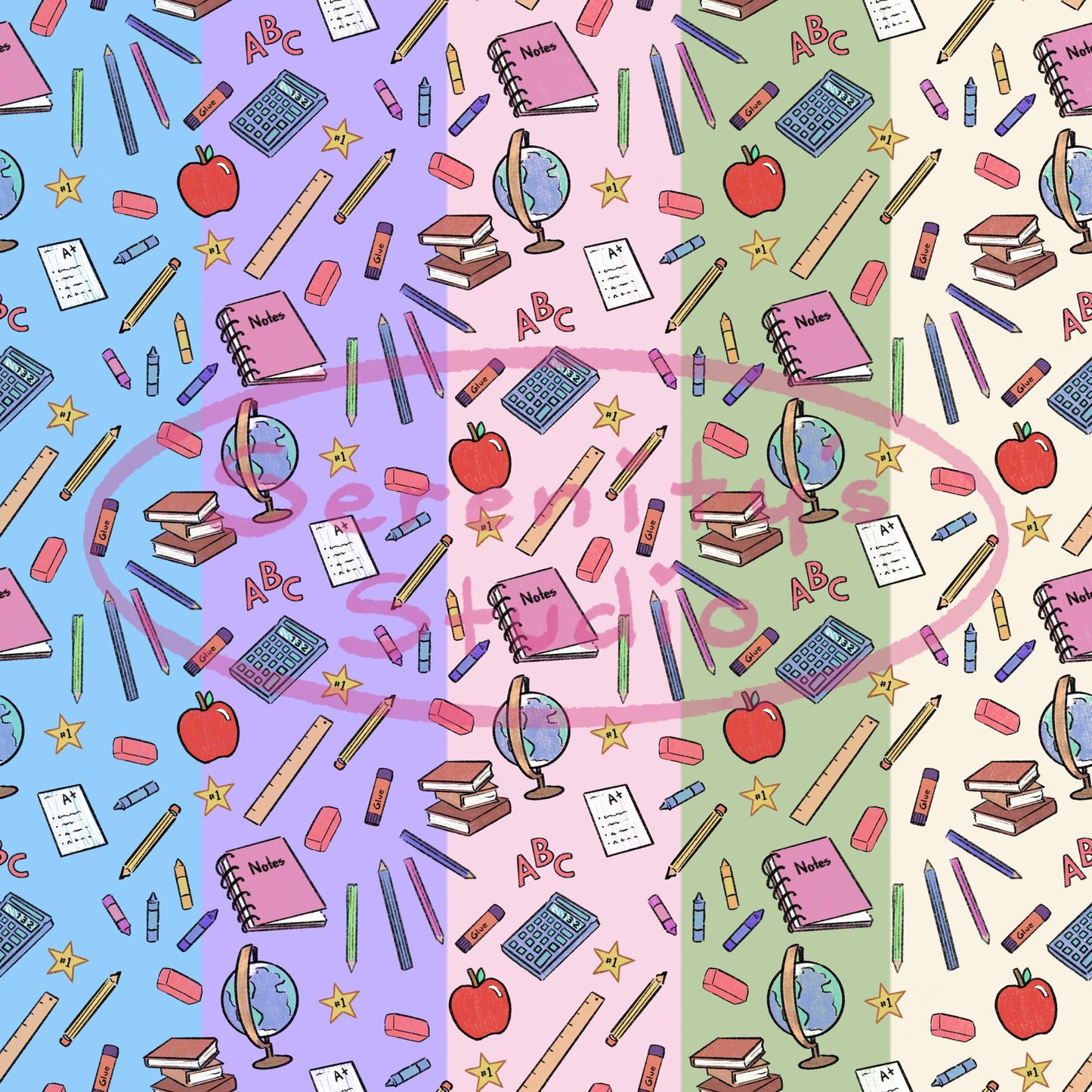 5 Original seamless patterns designs for school drawn school supplies books globe calculator art