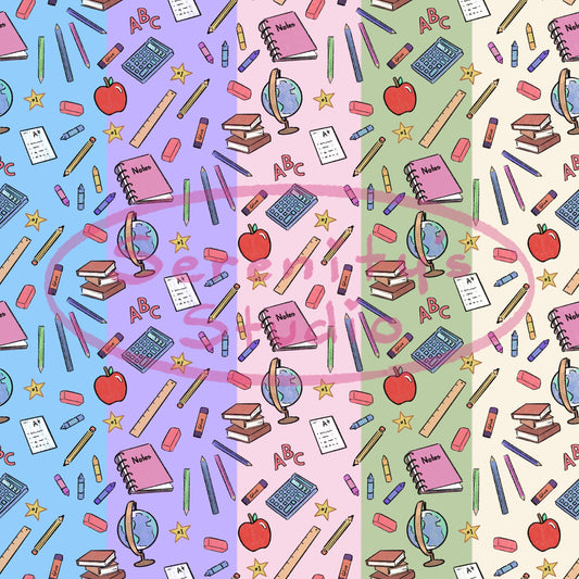 5 Original seamless patterns designs for school drawn school supplies books globe calculator art
