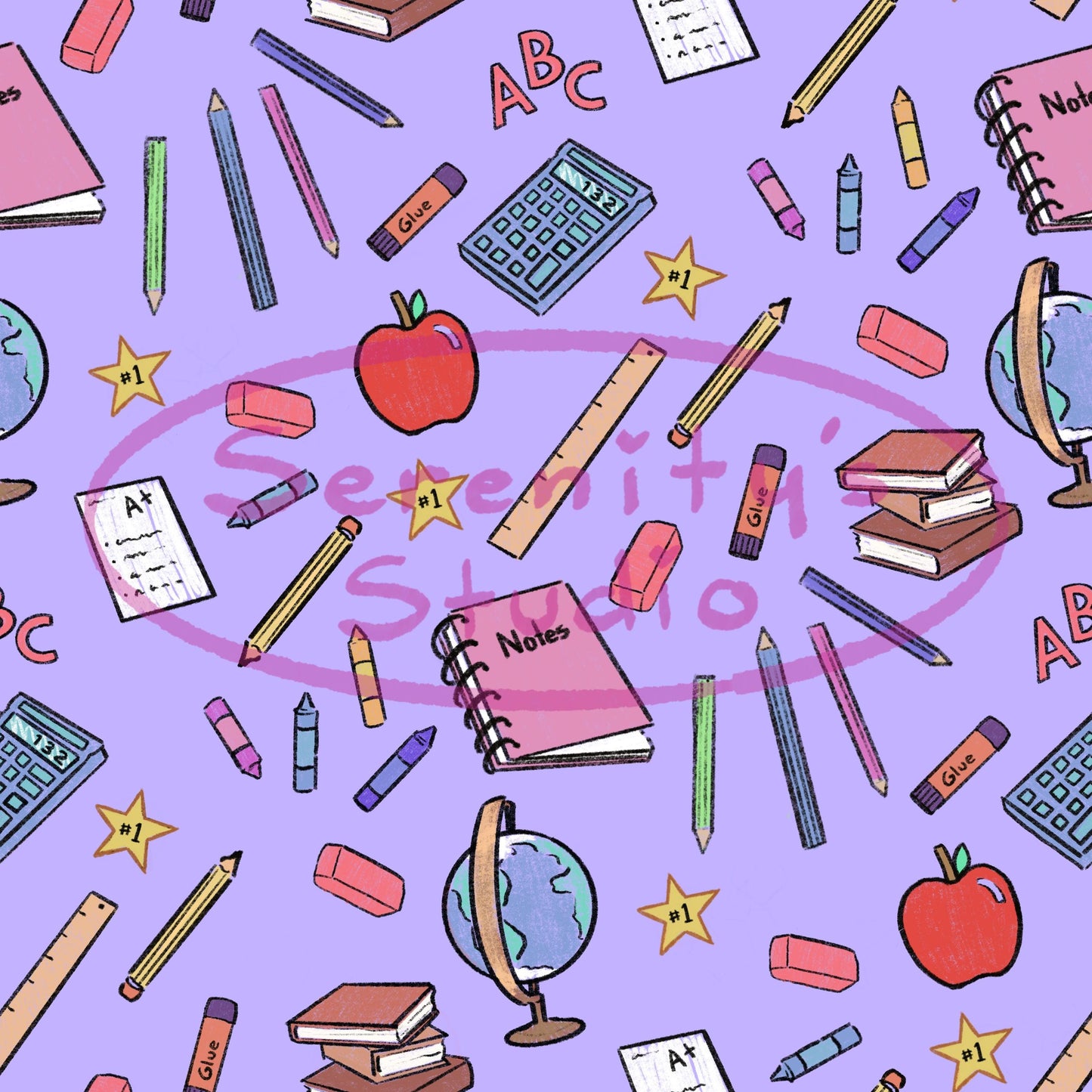 5 Original seamless patterns designs for school drawn school supplies books globe calculator art