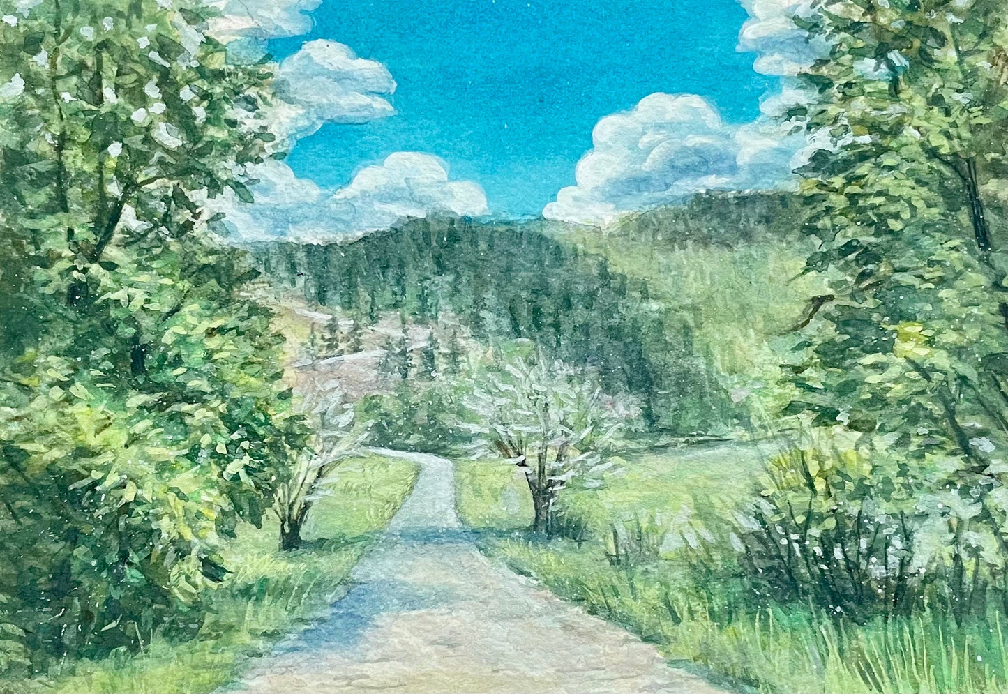 Landscape original artwork scenery of forest and mountain hill with watercolor and gouache hand painted by artist