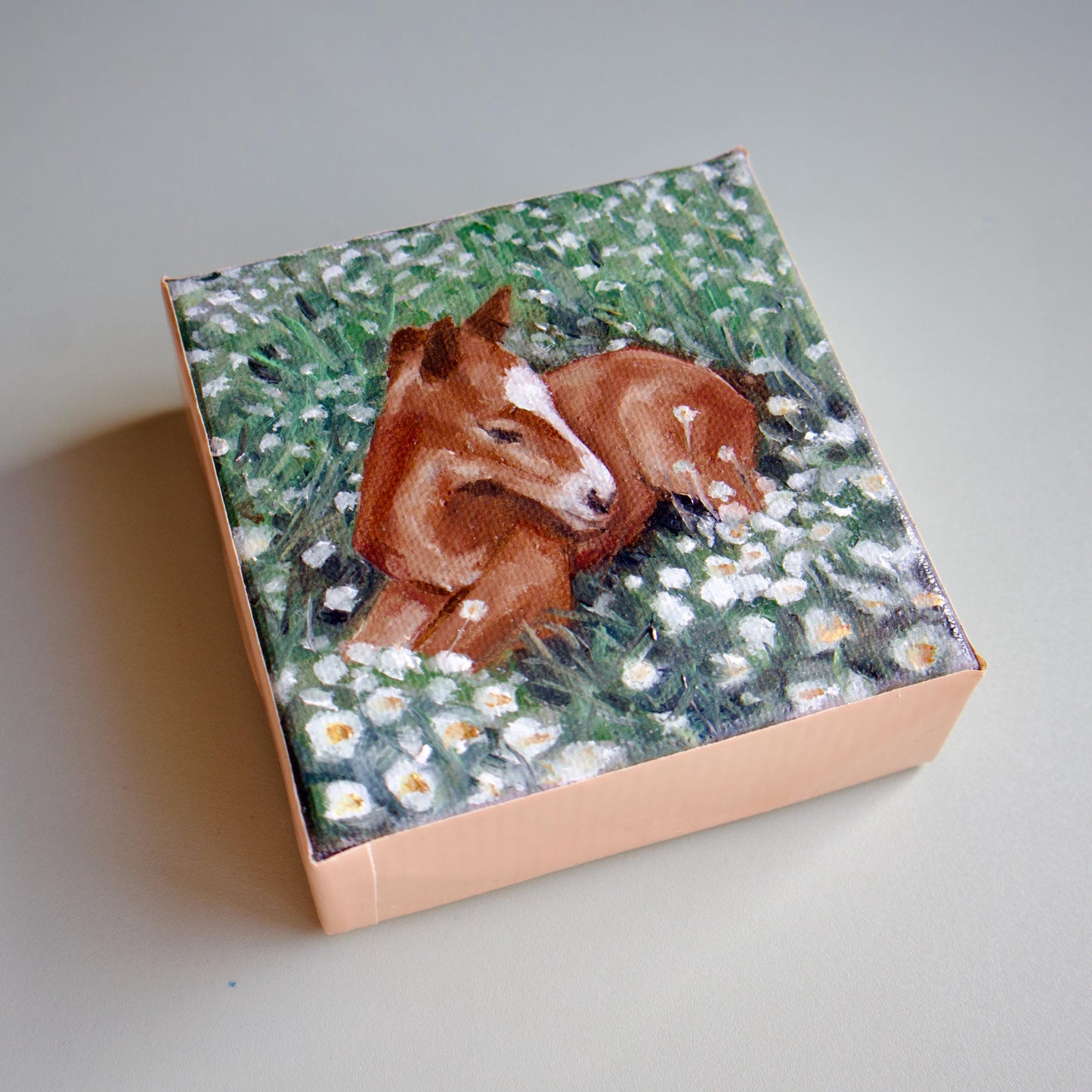 Handmade oil painting of baby horse laying in grass foal art hand painted small horse artwork