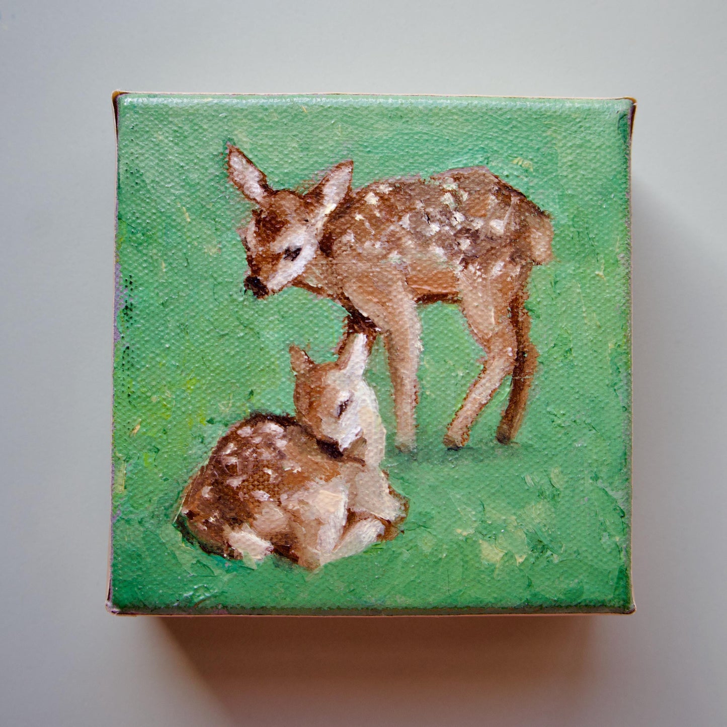 Oil painting of small fawns in grass hand painted artwork baby deer animals small painting art