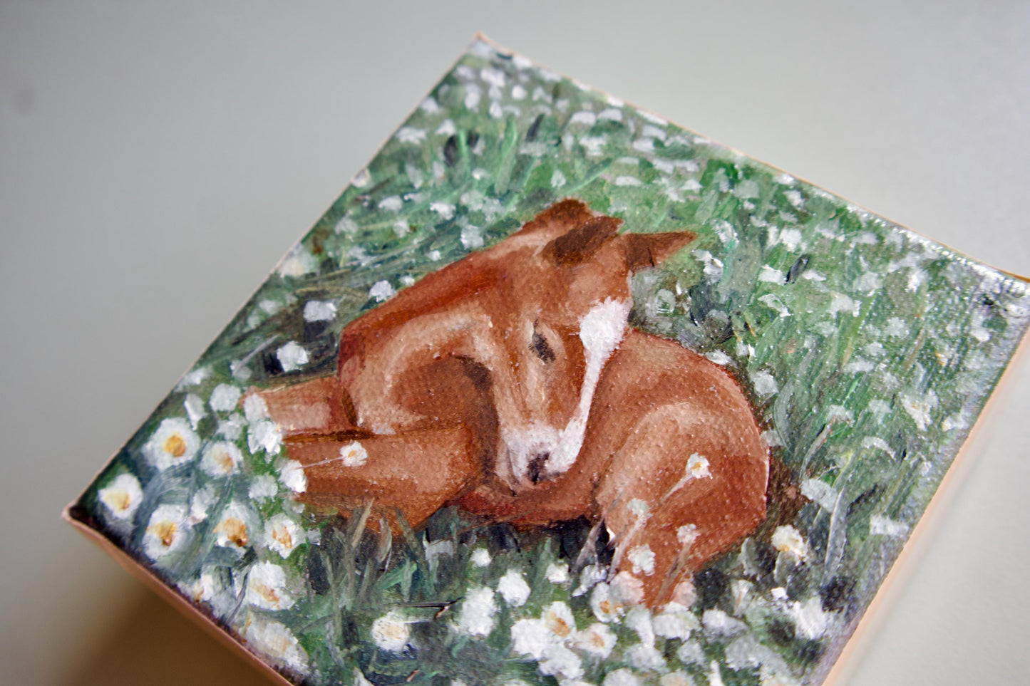 Handmade oil painting of baby horse laying in grass foal art hand painted small horse artwork