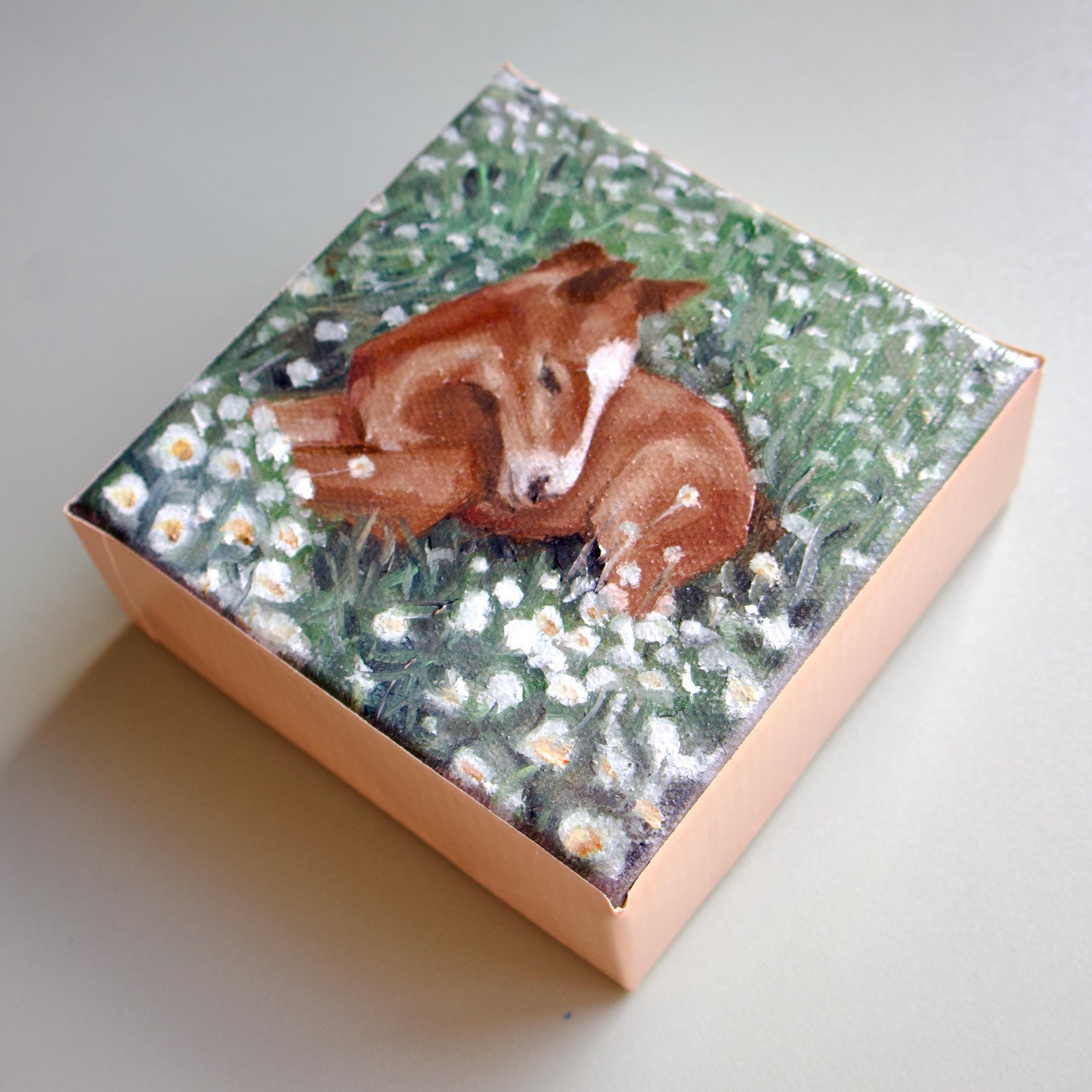 Handmade oil painting of baby horse laying in grass foal art hand painted small horse artwork