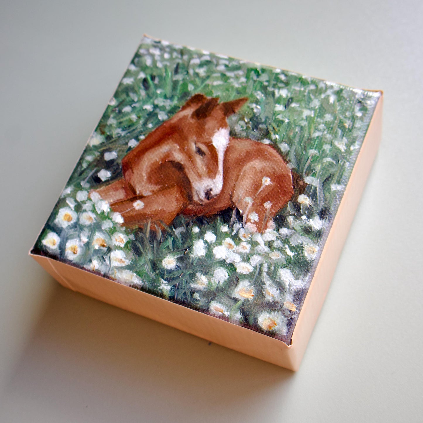 Handmade oil painting of baby horse laying in grass foal art hand painted small horse artwork