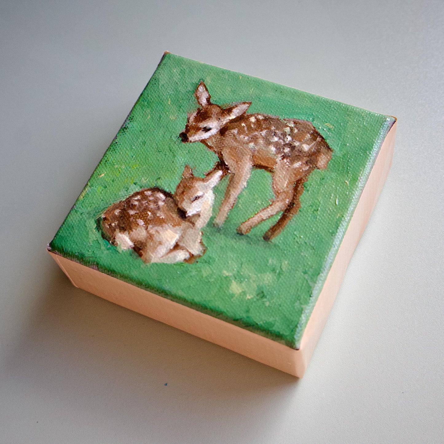 Oil painting of small fawns in grass hand painted artwork baby deer animals small painting art