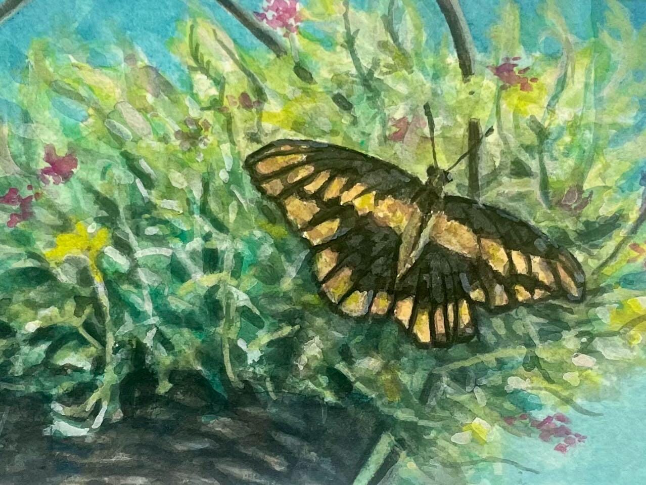 Original painting of butterfly on hanging potted plants artwork