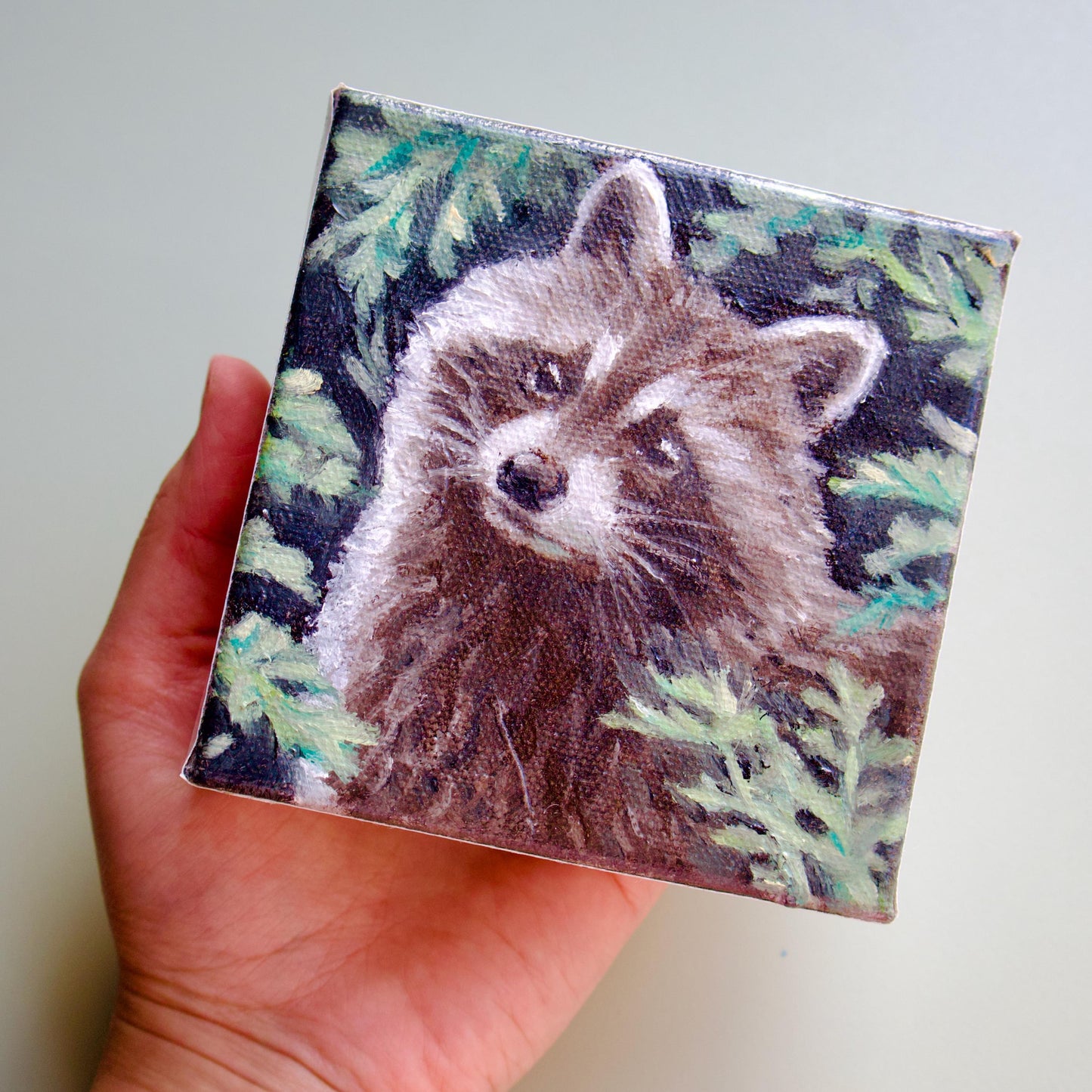 Hand-painted small raccoon oil painting original painting of animal raccoon cute artwork