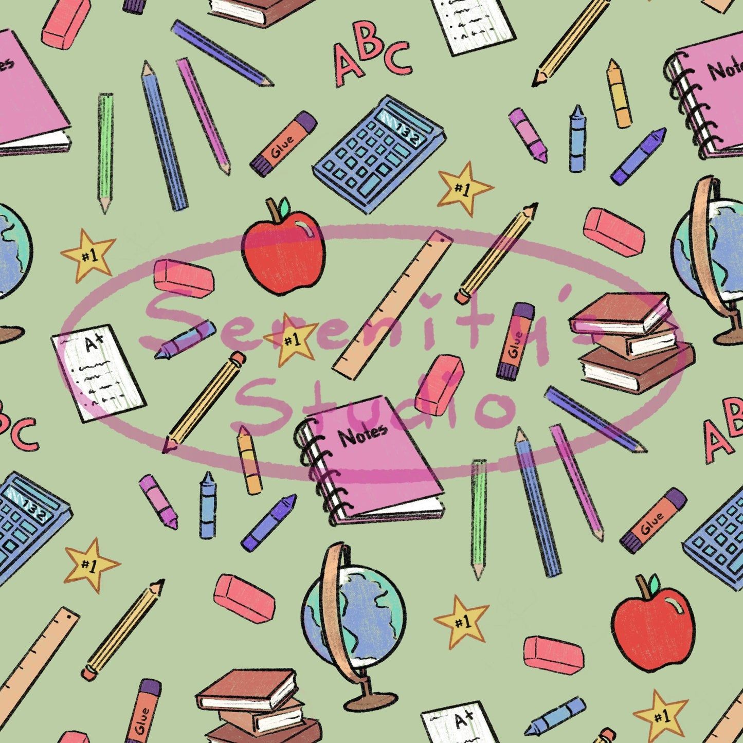 5 Original seamless patterns designs for school drawn school supplies books globe calculator art