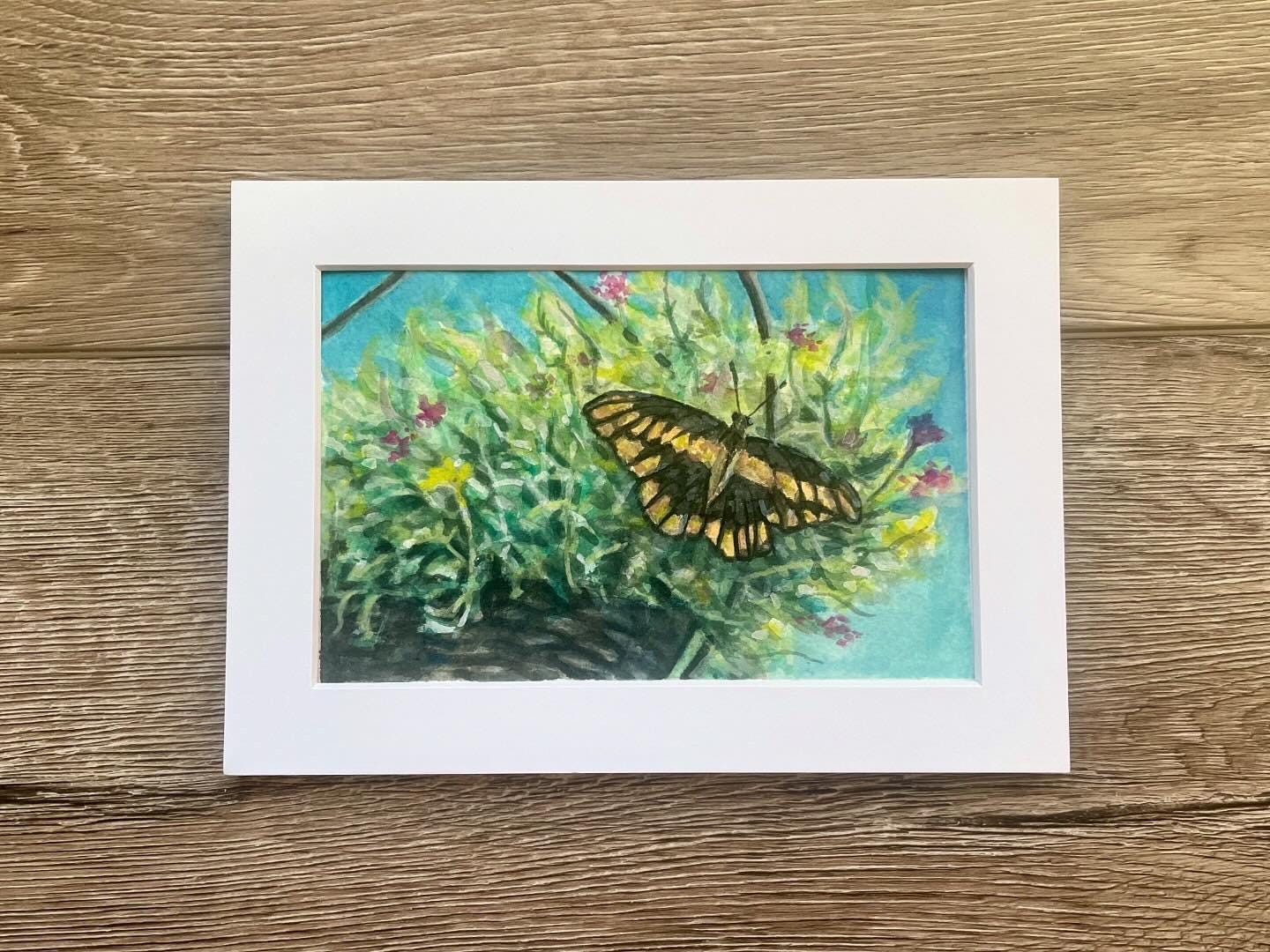 Original painting of butterfly on hanging potted plants artwork