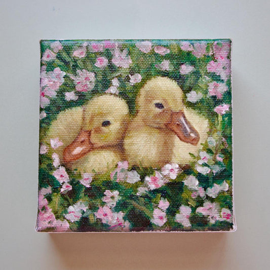 Hand-painted small oil painting animal duck artwork duckling painting ducklings original