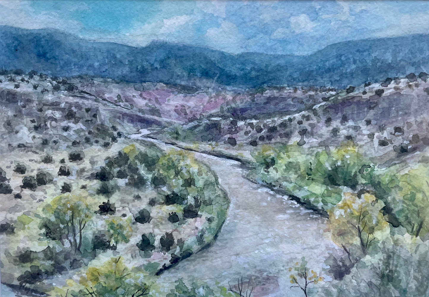 Original watercolor gouache landscape painting of scenic autumn trees and mountains