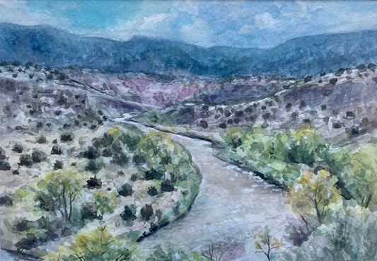 Original watercolor gouache landscape painting of scenic autumn trees and mountains