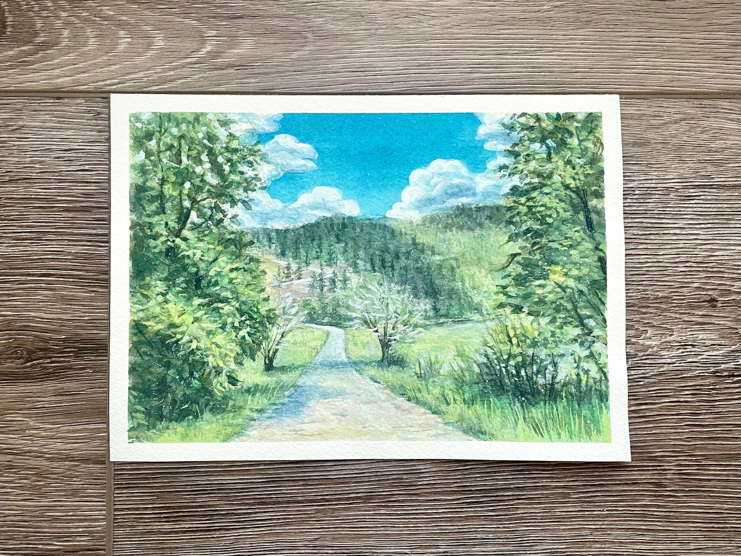 Landscape original artwork scenery of forest and mountain hill with watercolor and gouache hand painted by artist