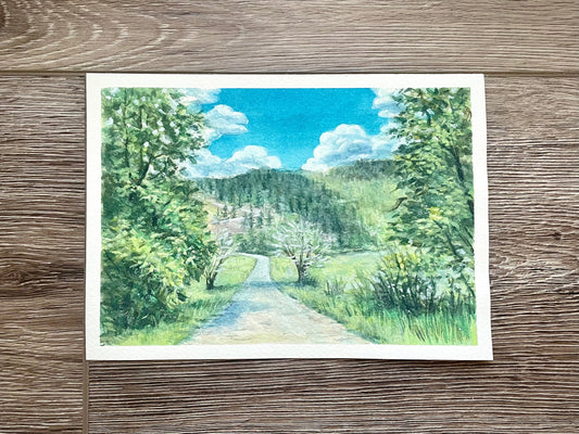Landscape original artwork scenery of forest and mountain hill with watercolor and gouache hand painted by artist