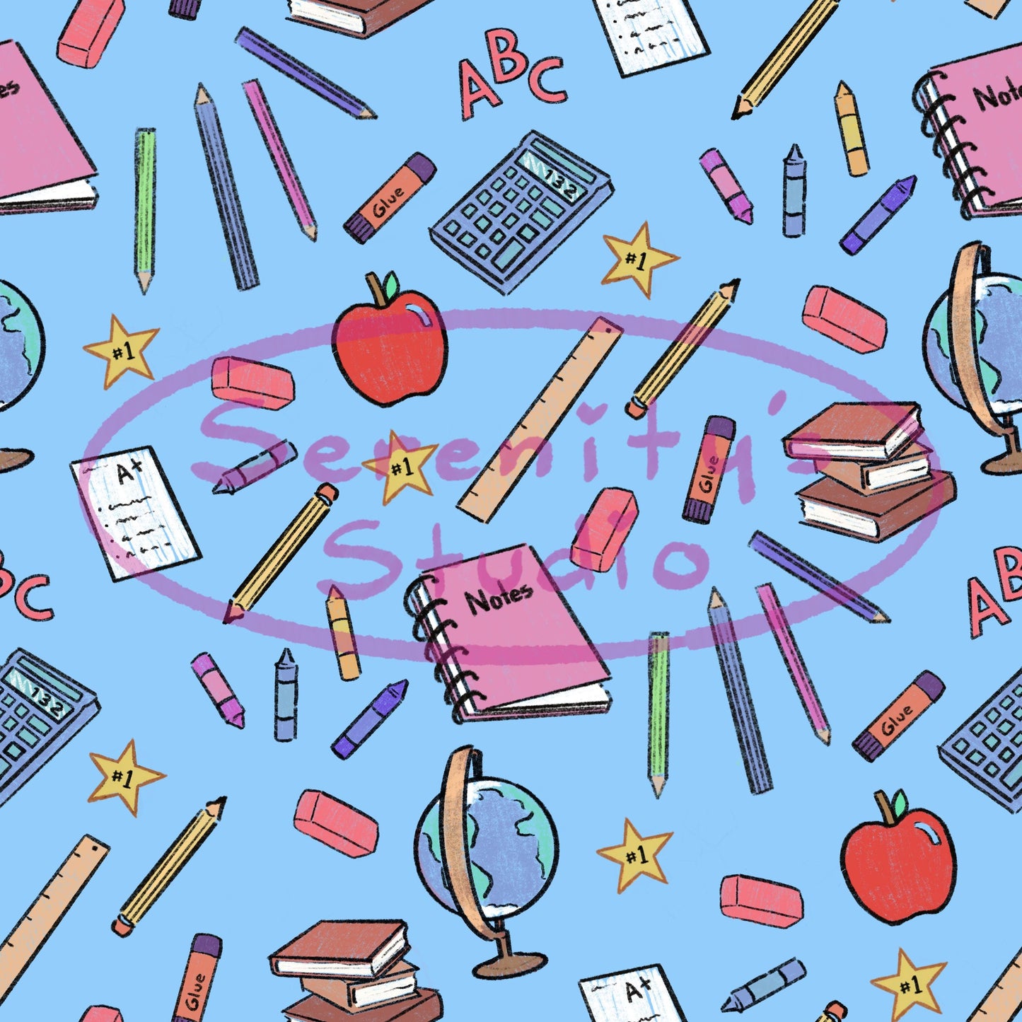 5 Original seamless patterns designs for school drawn school supplies books globe calculator art