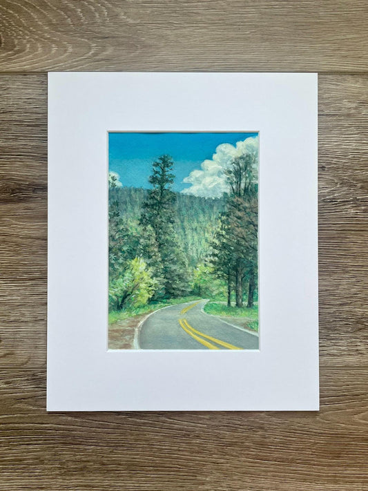 Original watercolor gouache landscape painting of scenic road through the trees and mountains