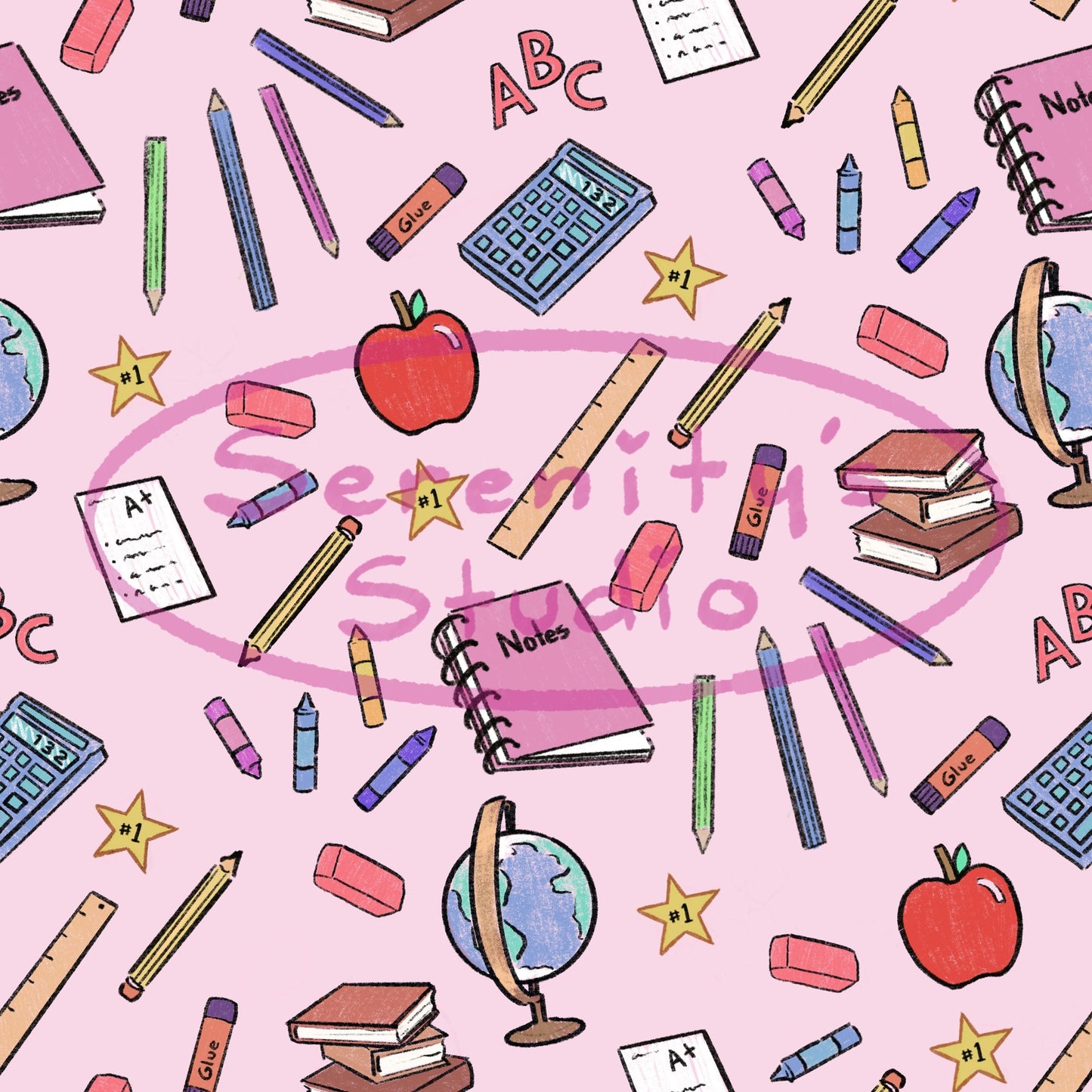 5 Original seamless patterns designs for school drawn school supplies books globe calculator art